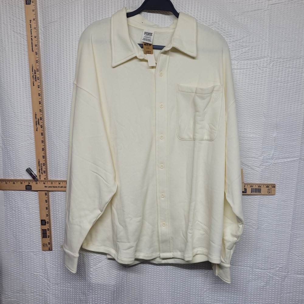 Victoria's Secret PINK Fleece Button Down Shirt Jacket Cream Ivory XL‎ NWT